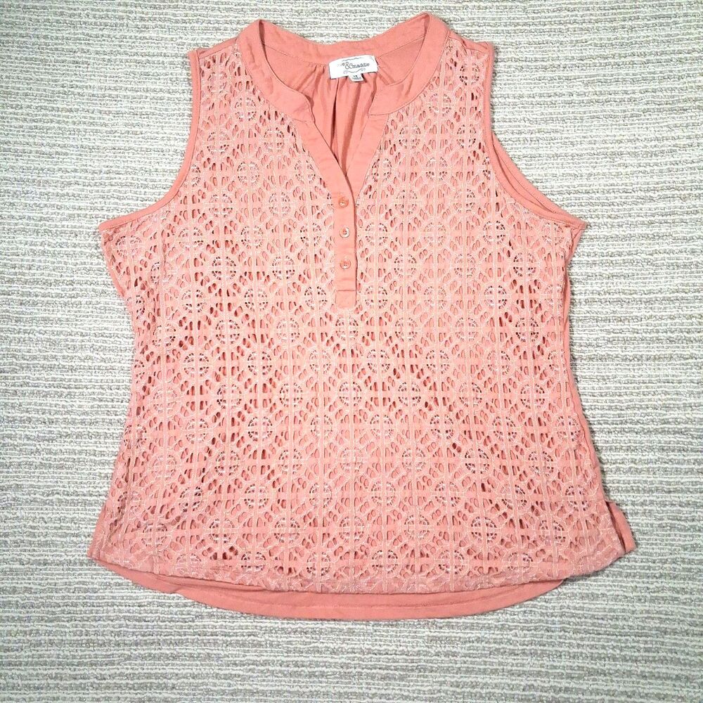 EVE & MADDIE Womens 1X Terracotta Pink Lace Overlay Sleeveless Henley Tank Top